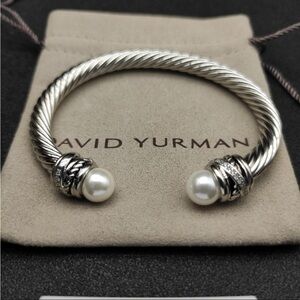 David Yurman Sterling Cable Cuff Bracelet with White Pearls 7mm